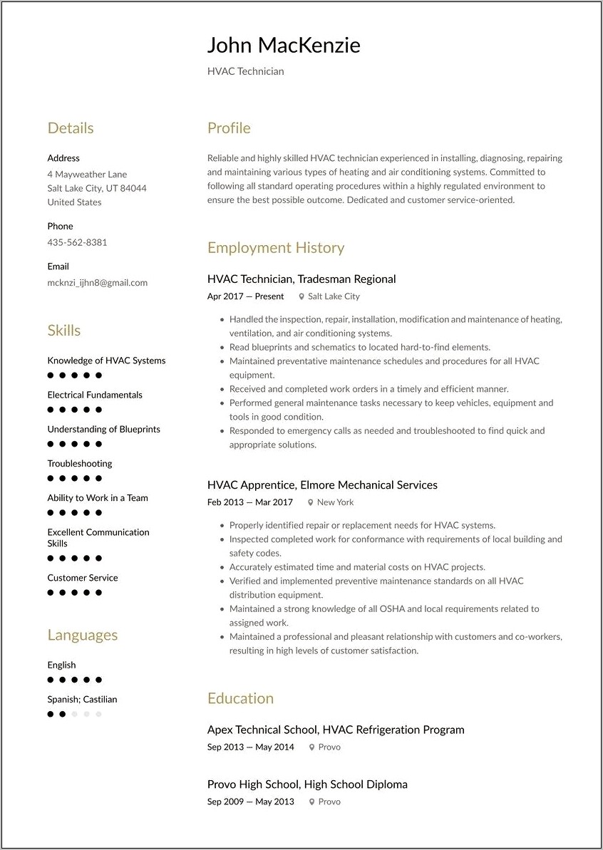 Ac Technician Job Description Resume
