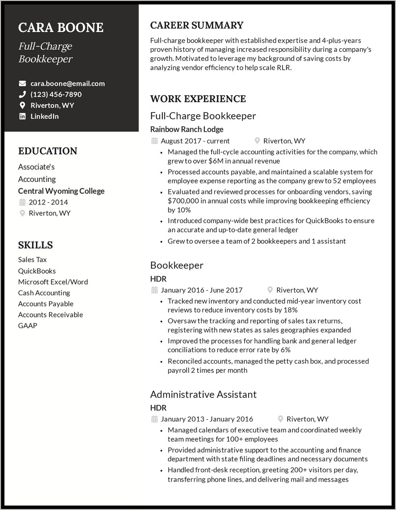 Accounting And Bookkeeping Resume Examples