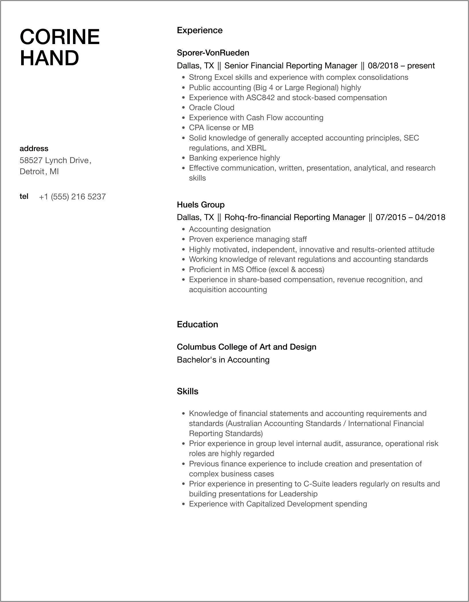 Accounting Financial Reporting Manager Resume