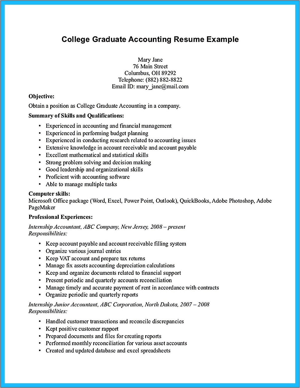 Accounting Graduate Resume Objective Examples