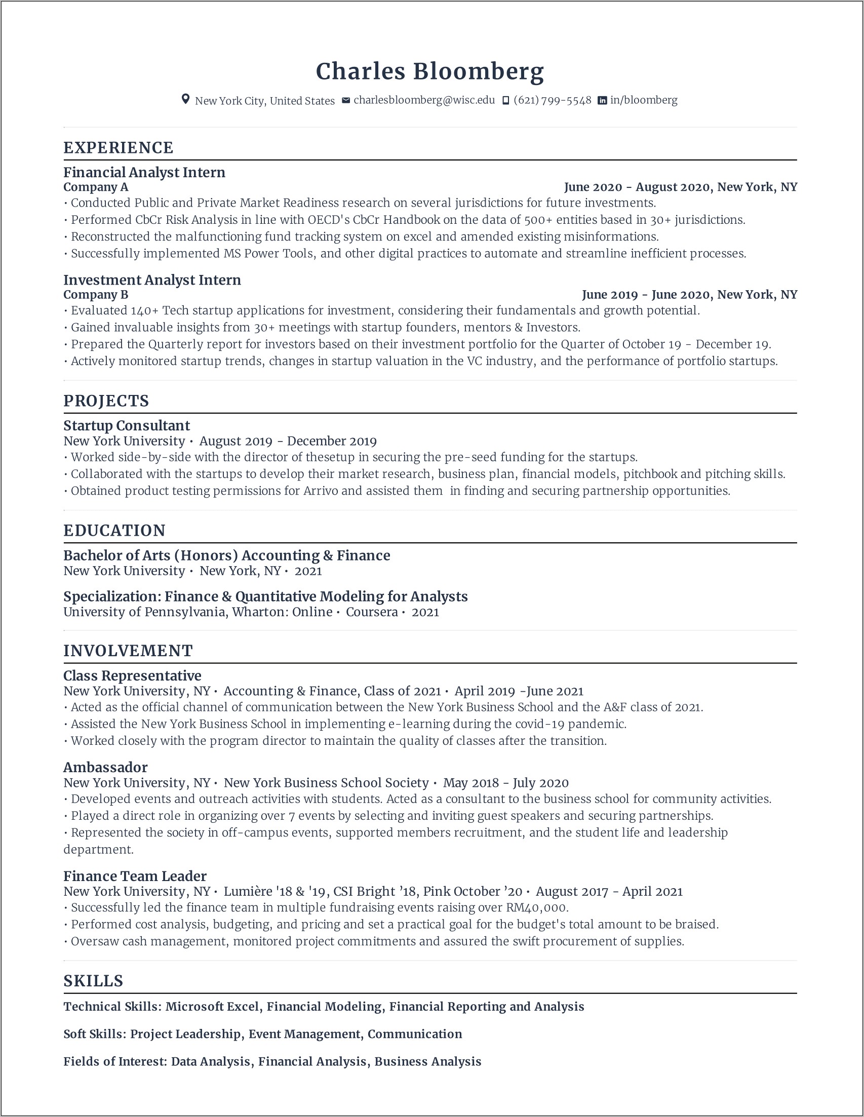 Accounting Internship Resume Examples Excel