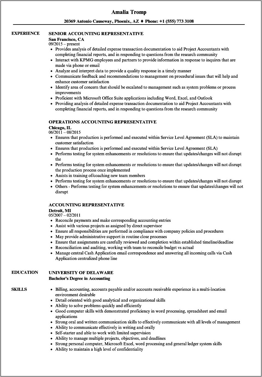 Accounting Representative Job Description Resume