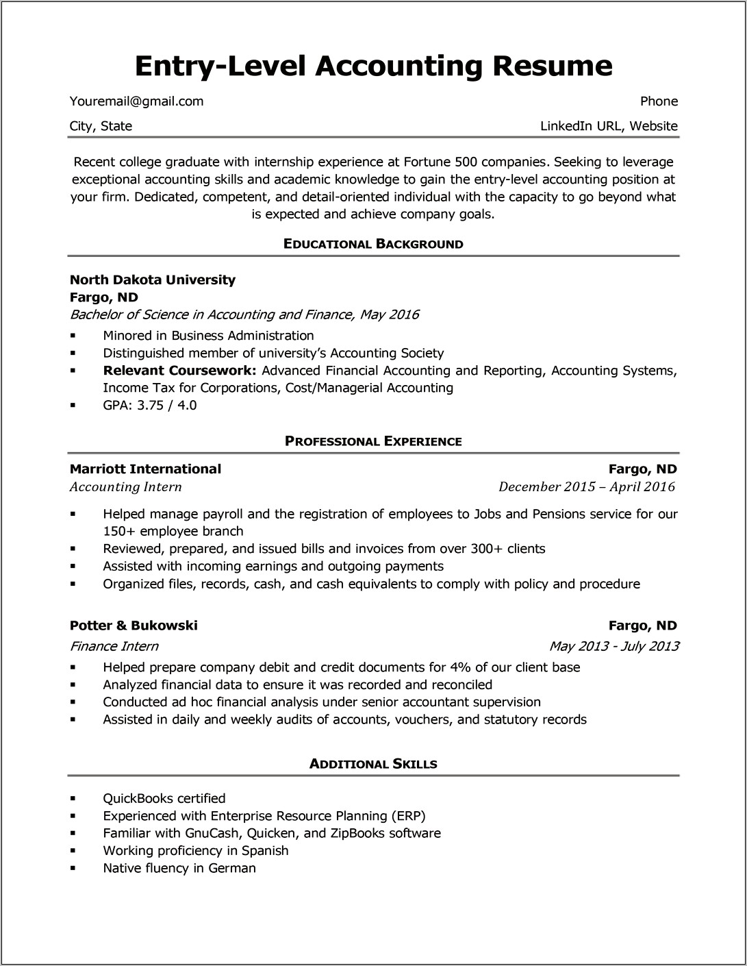 Accounting Resume Entry Level Example