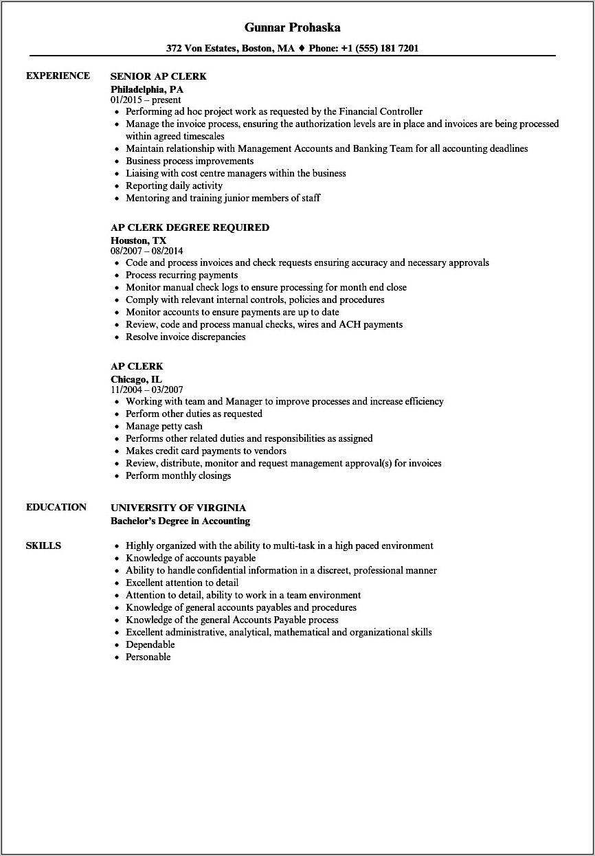 Accounts Payable Clerk Resume Objective