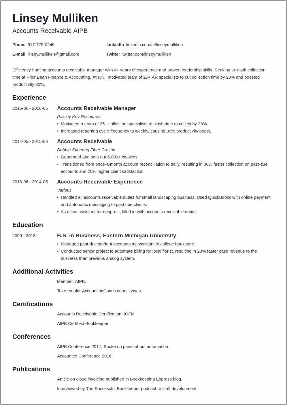 Accounts Receivable Job Summary Resume