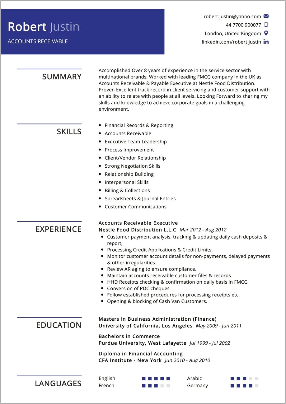 Accounts Receivable Manager Resume Summary