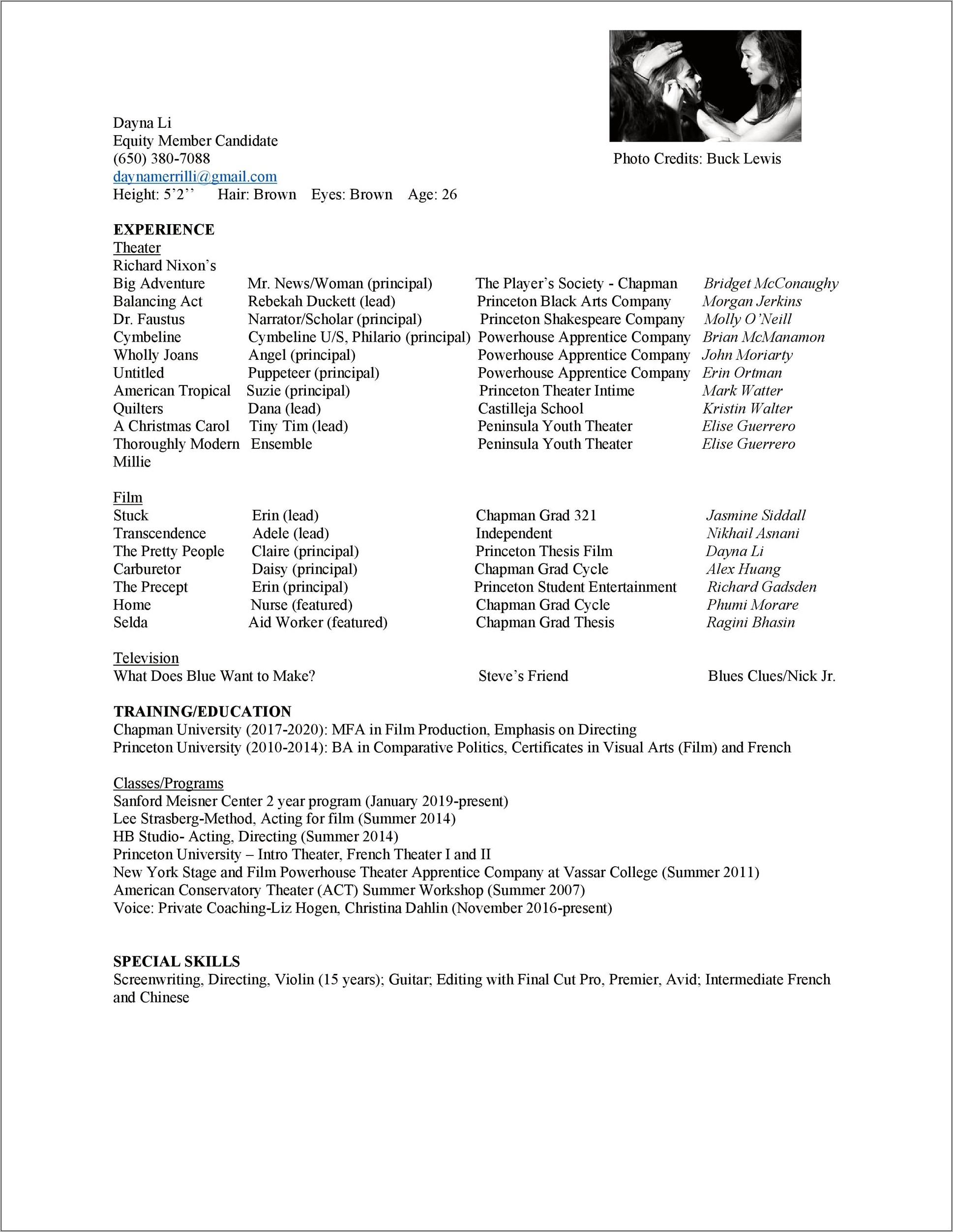 Acting Resume No Special Skills