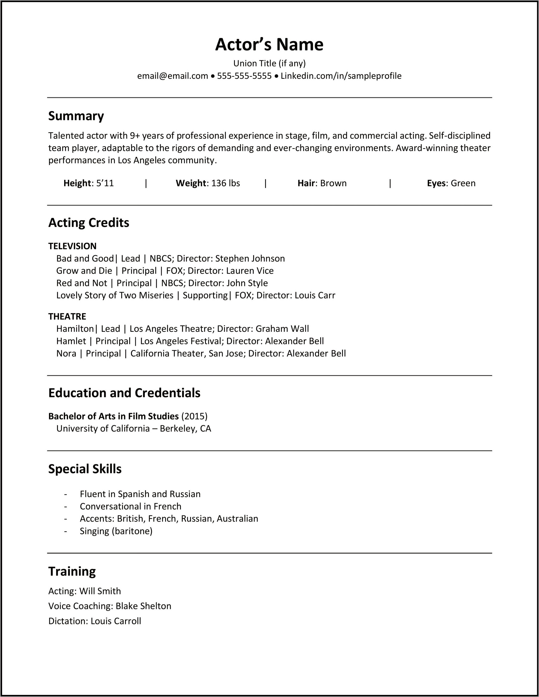 Acting Resume Sample Special Skills