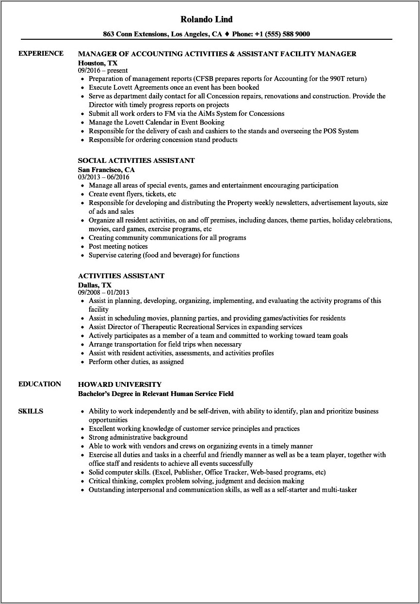 Activities Section Of Resume Example