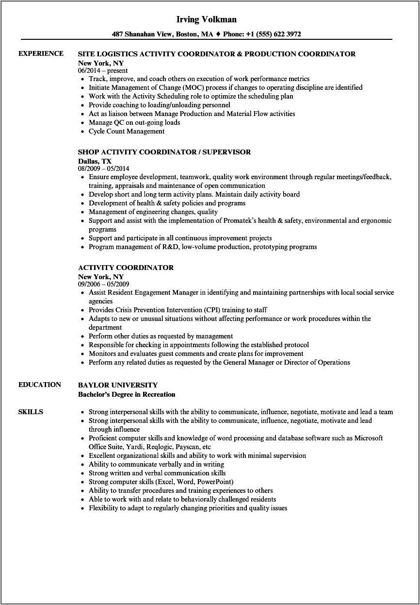 Activity Coordinator Job Description Resume