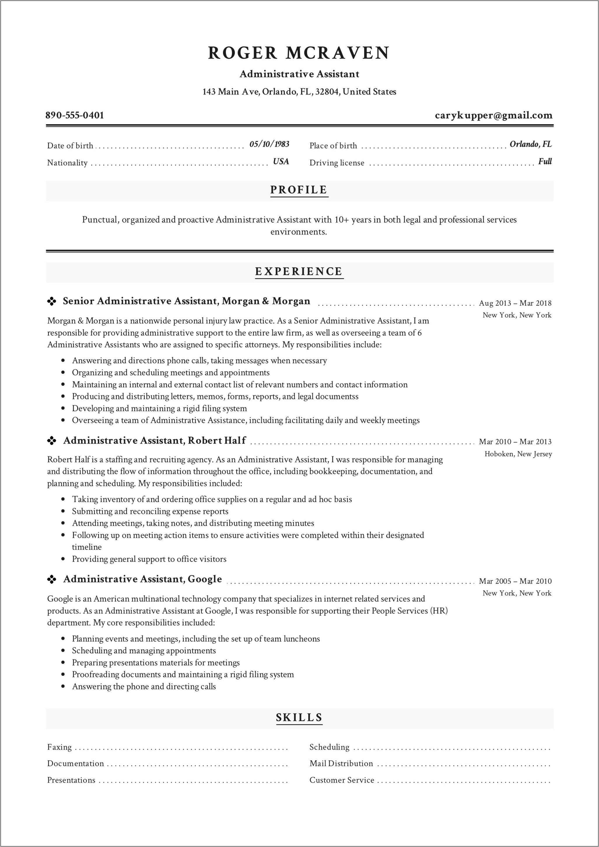 Administartive Assistant Skills Resume Header