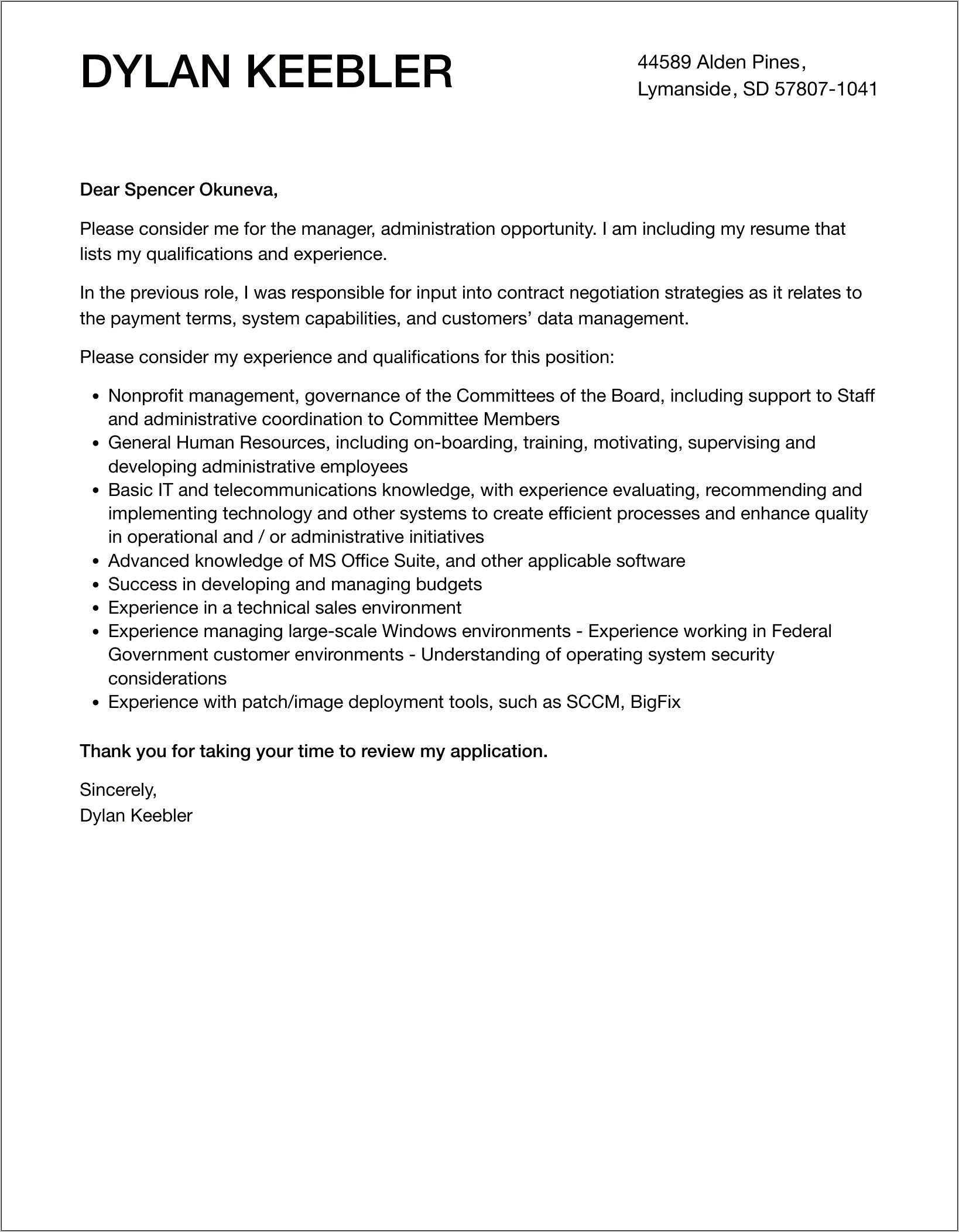 Administration Manager Resume Cover Letter