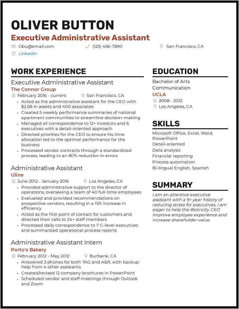 Administrativ Assistant Resume Summary Examples