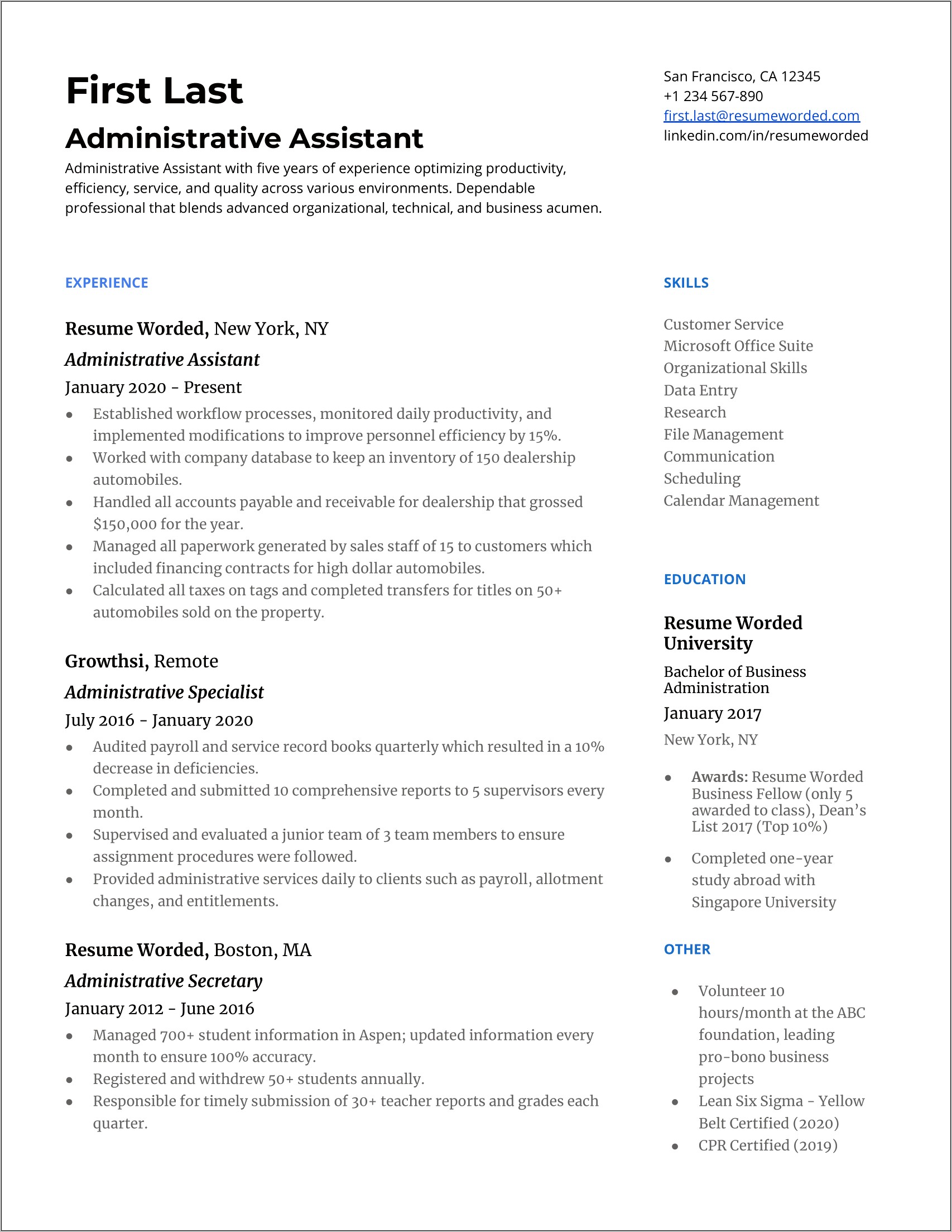 Administrative Assistant Resume Summary Sample