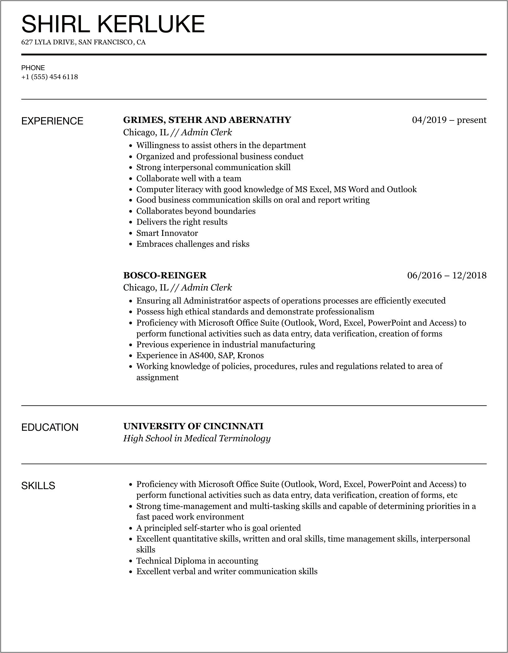 Administrative Clerk Resume Job Objective