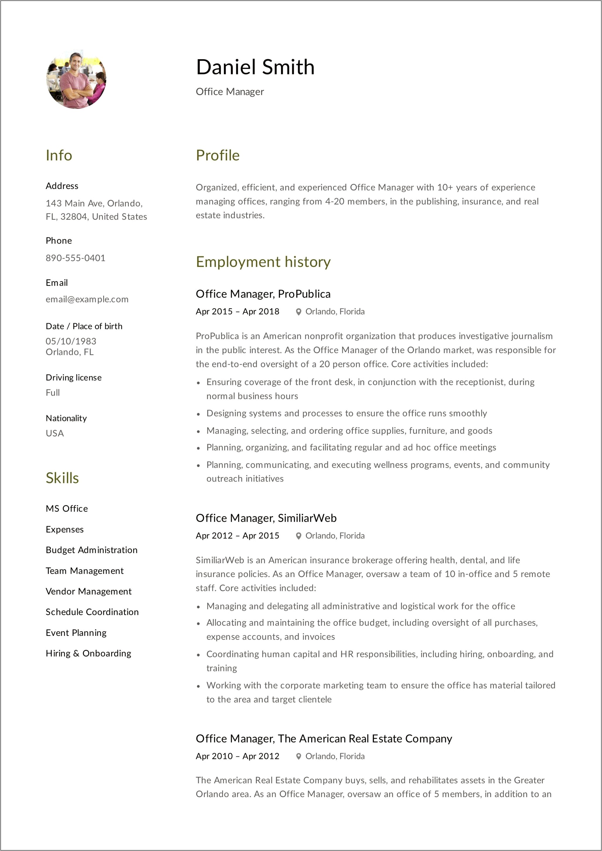 Administrative Office Management Sample Resumes