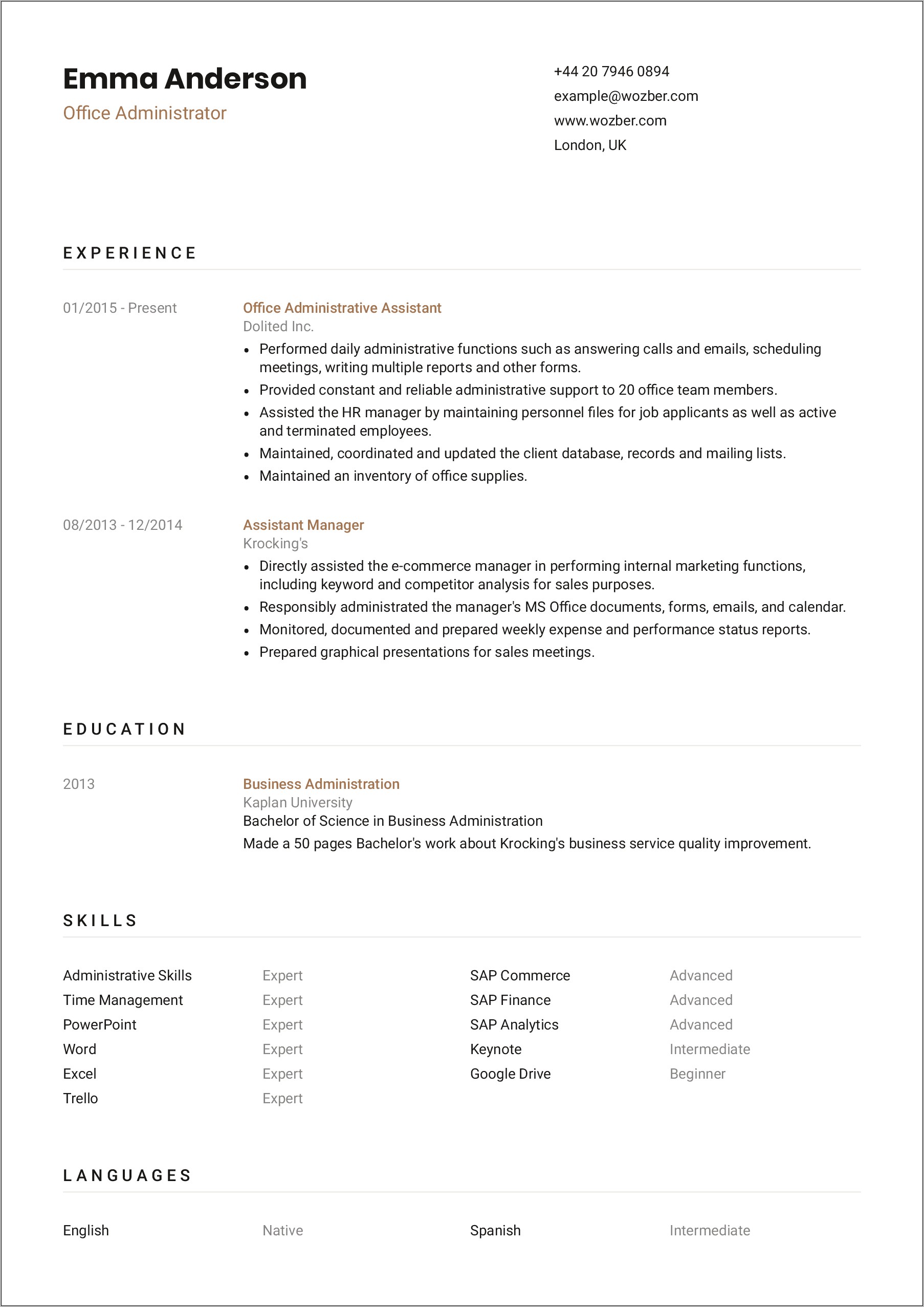 Administrative Summary For Resume Sample