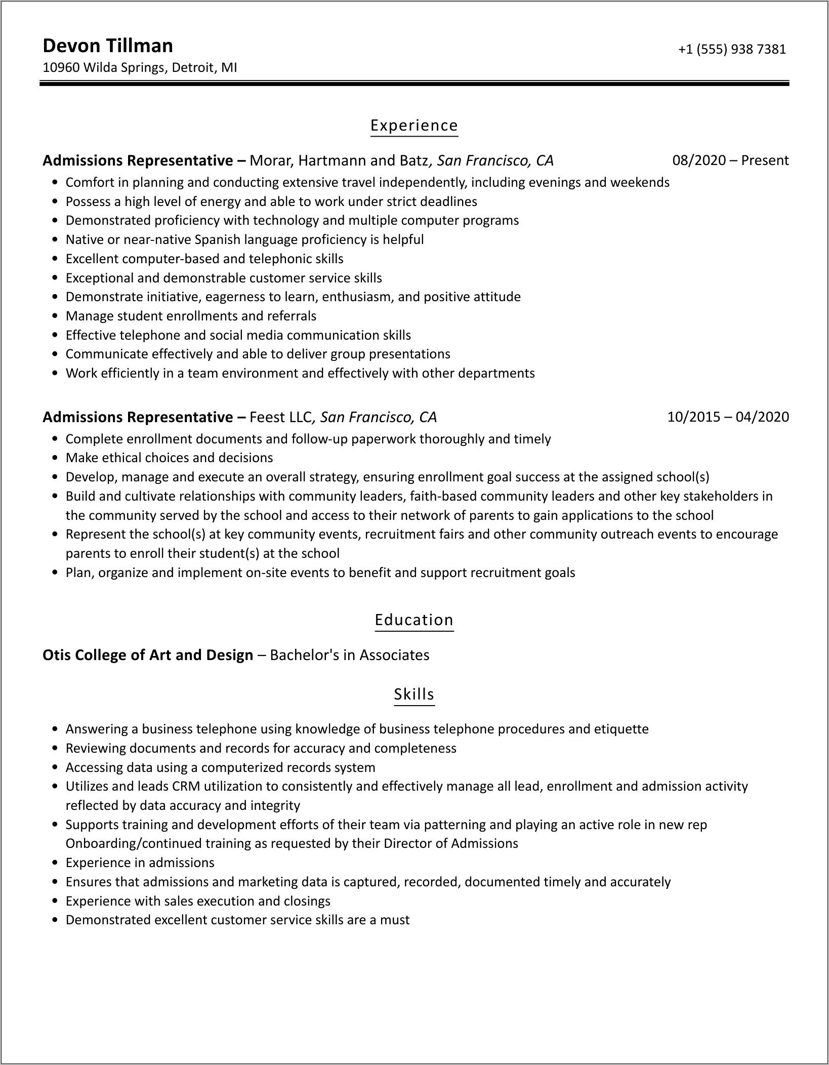 Admissions Representative Objective On Resume