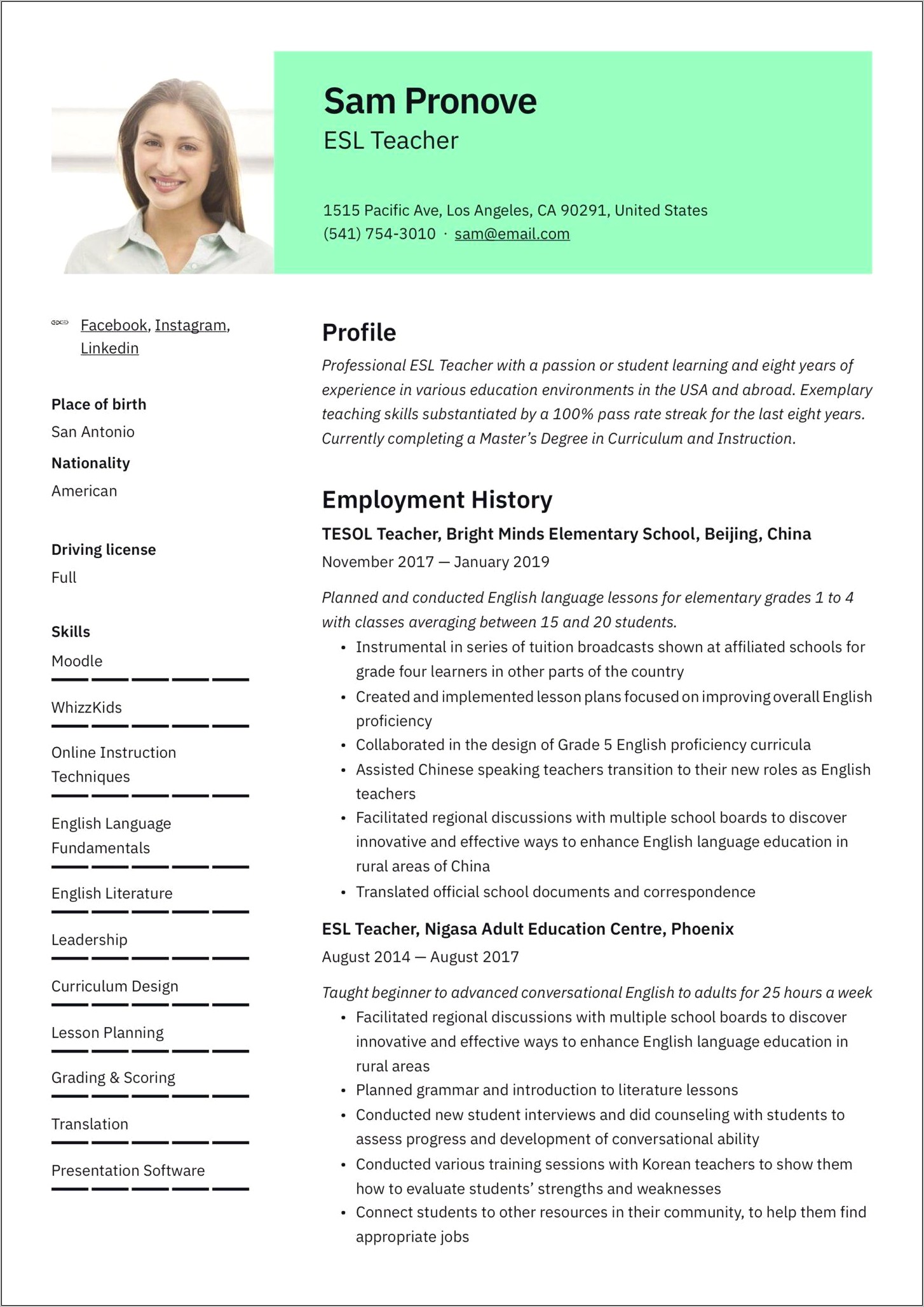 Adult Languguage Instructor Resume Sample