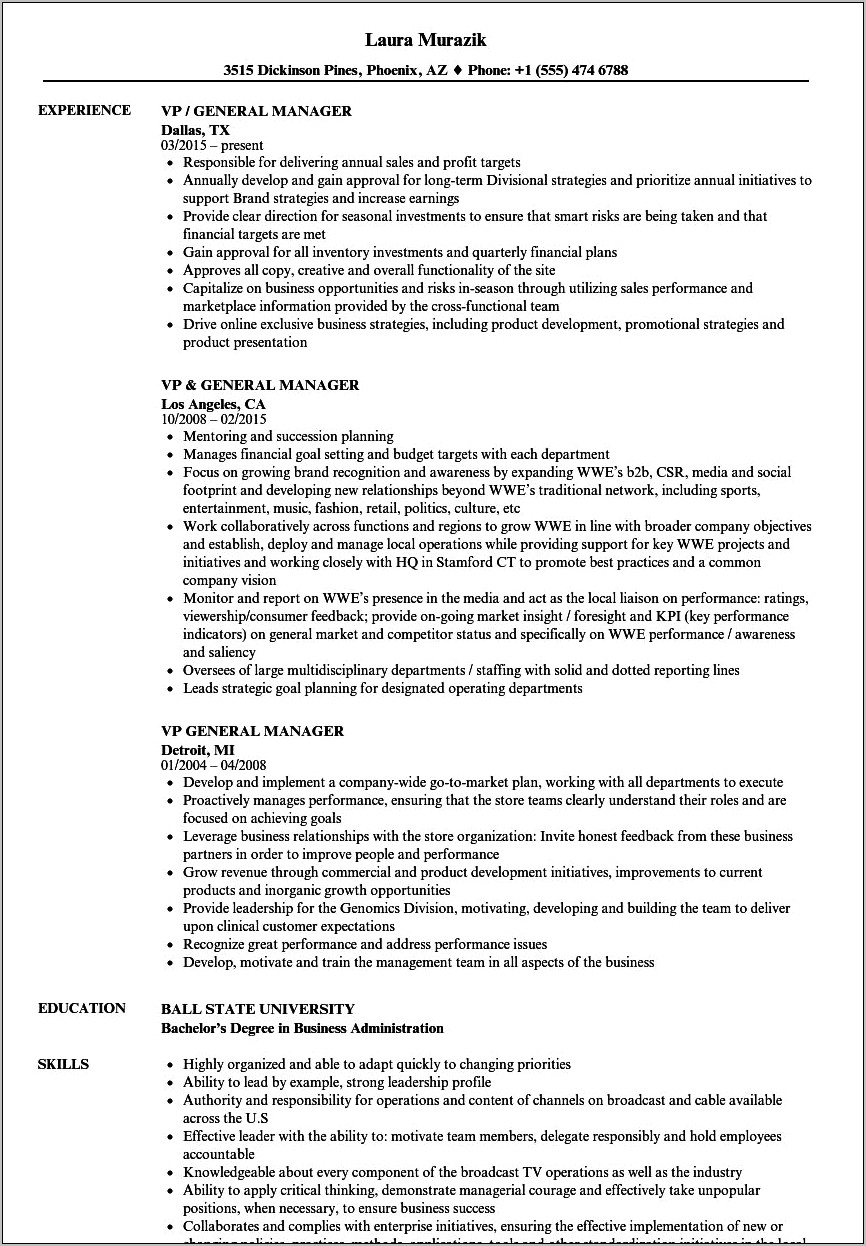 Advance Auto General Manager Resume