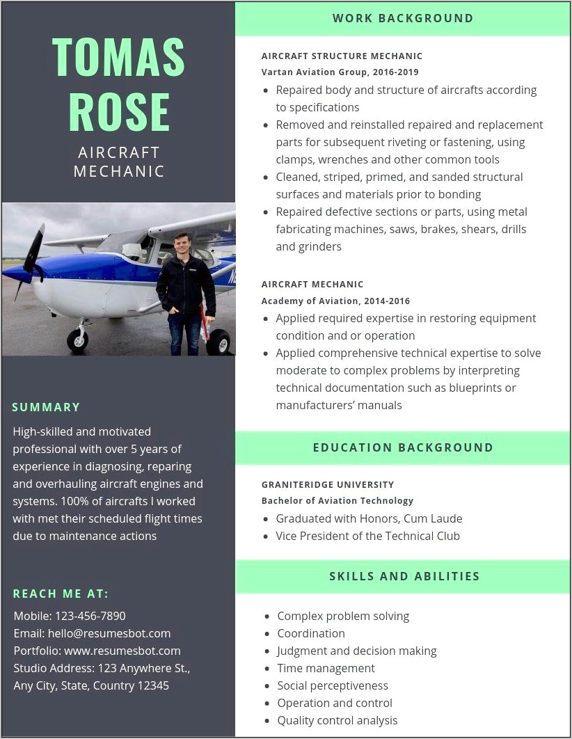 Aircraft Structural Mechanic Resume Sample