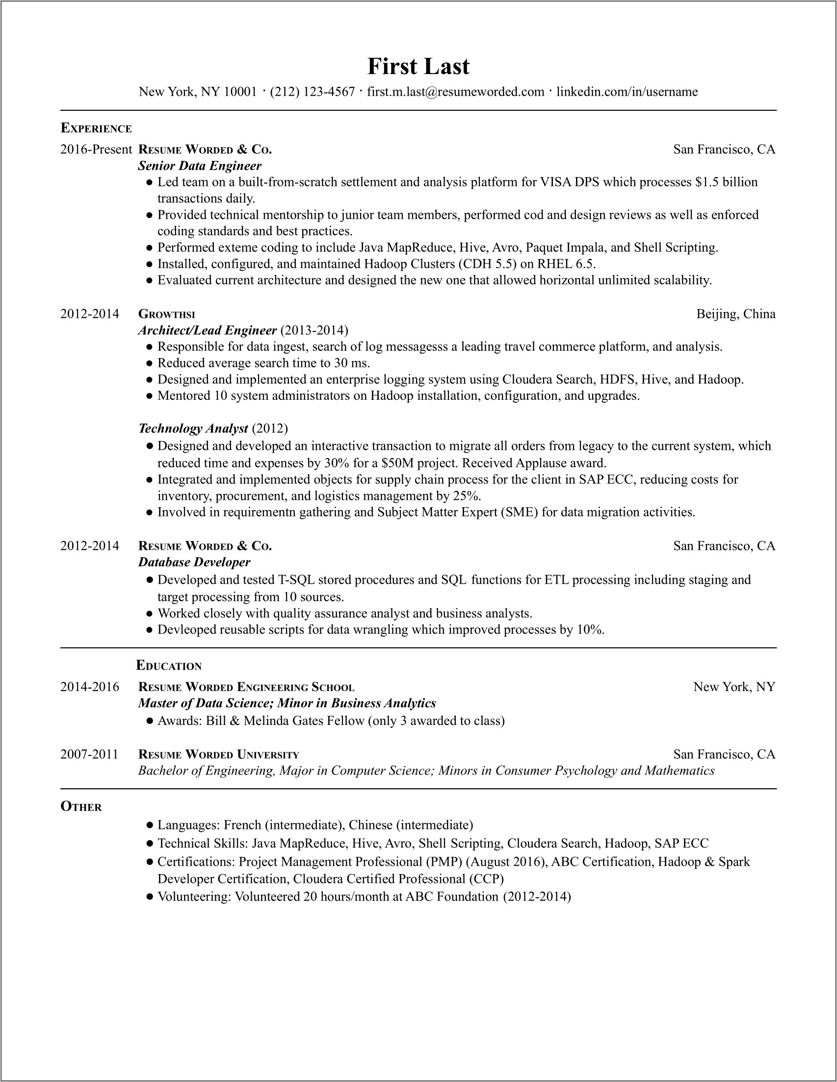 Amazon Redshift Developer Sample Resume