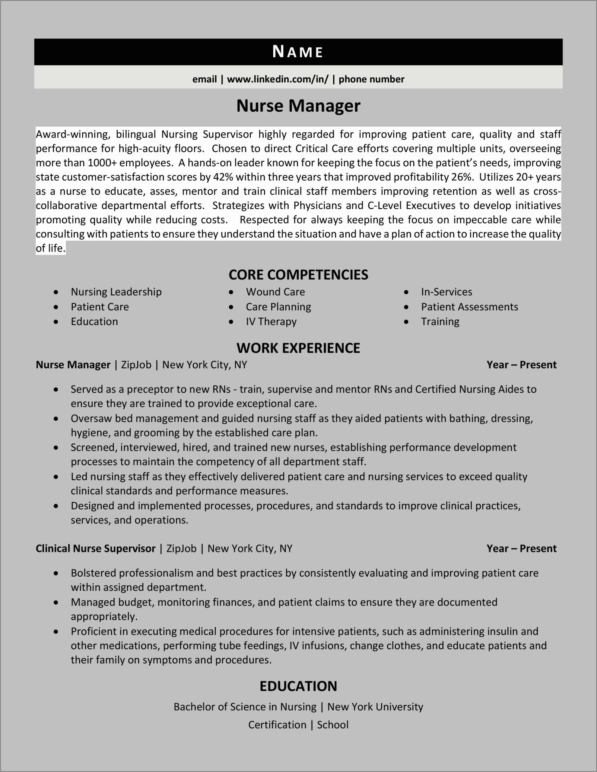 Ambulatory Care Nurse Manager Resume