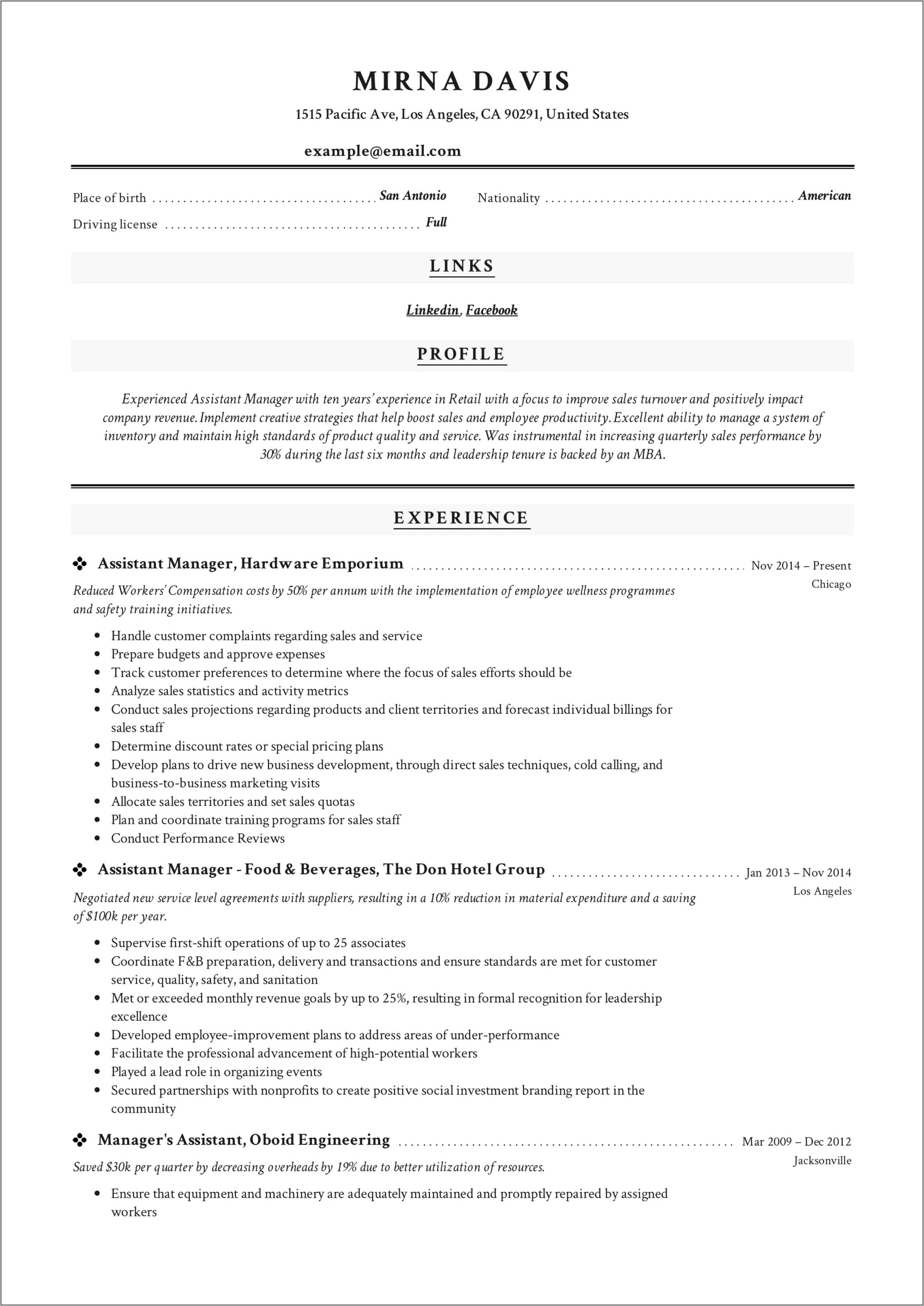 American Eagle Assistant Manager Resume