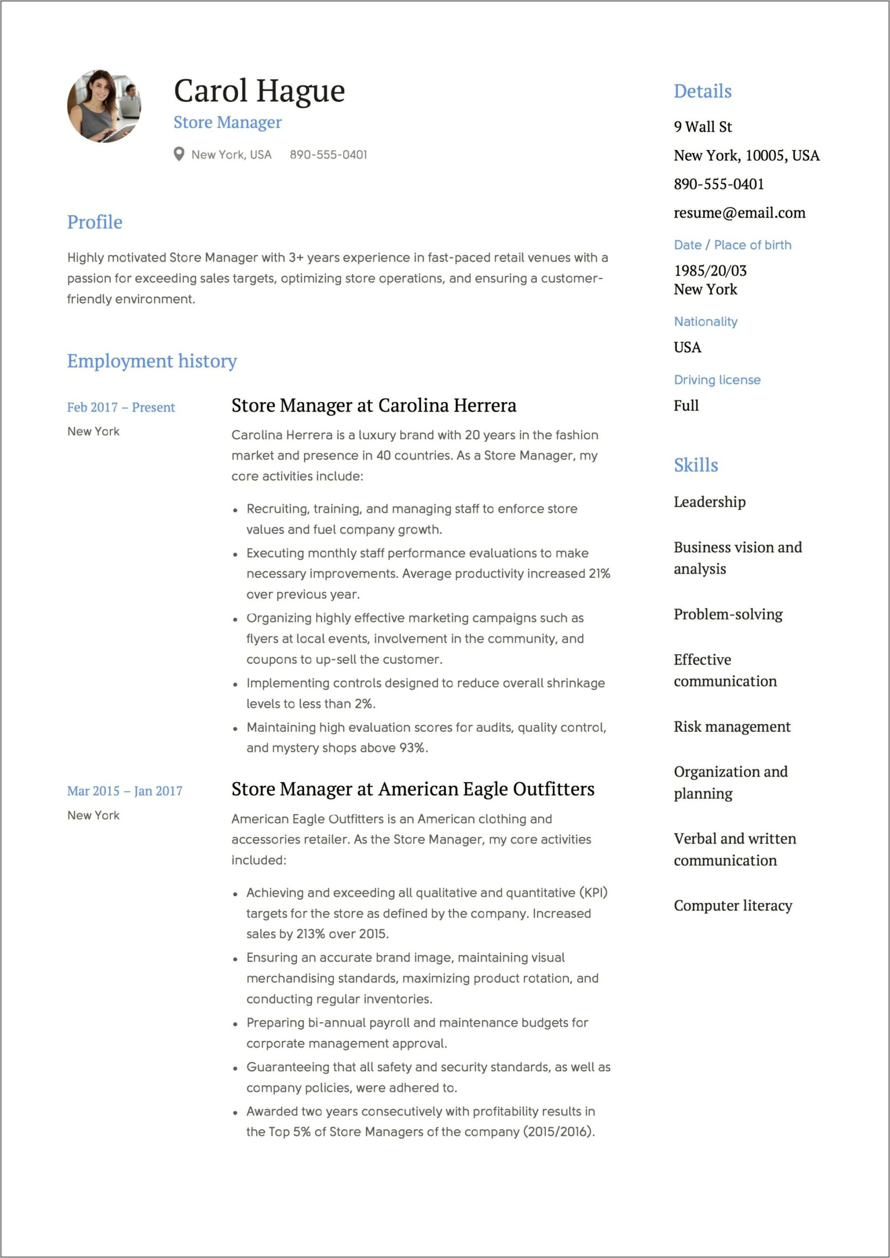 American Eagle Merchandise Manager Resume