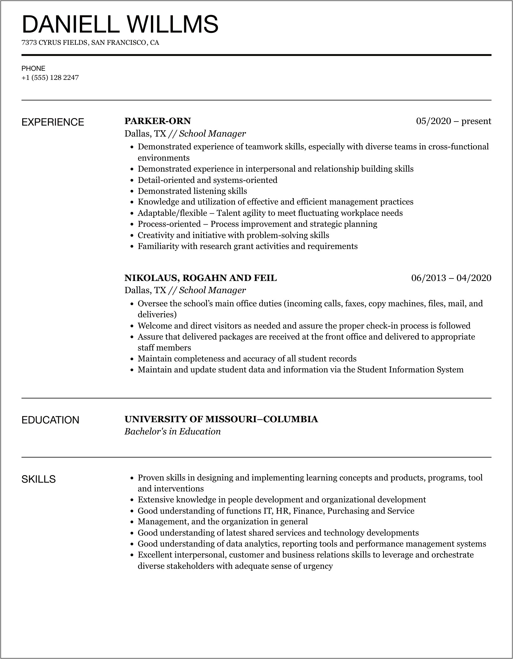 Aministration Operations School Manager Resume