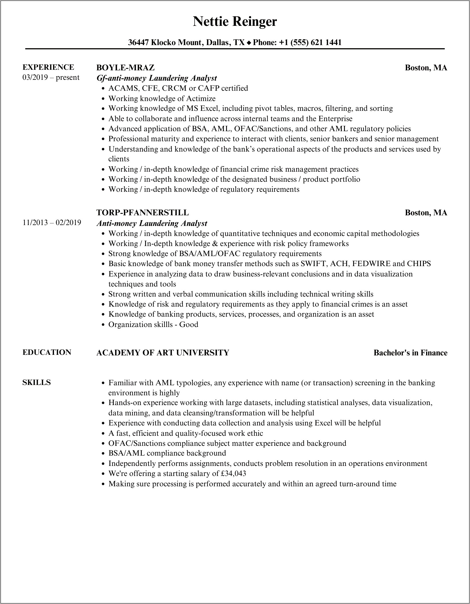 Aml Business Analyst Sample Resume