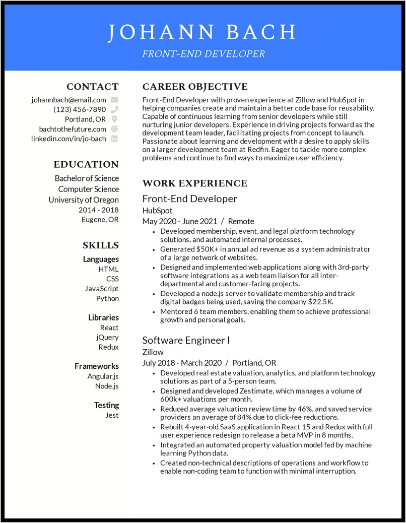 Angular 4 Developer Resume Sample