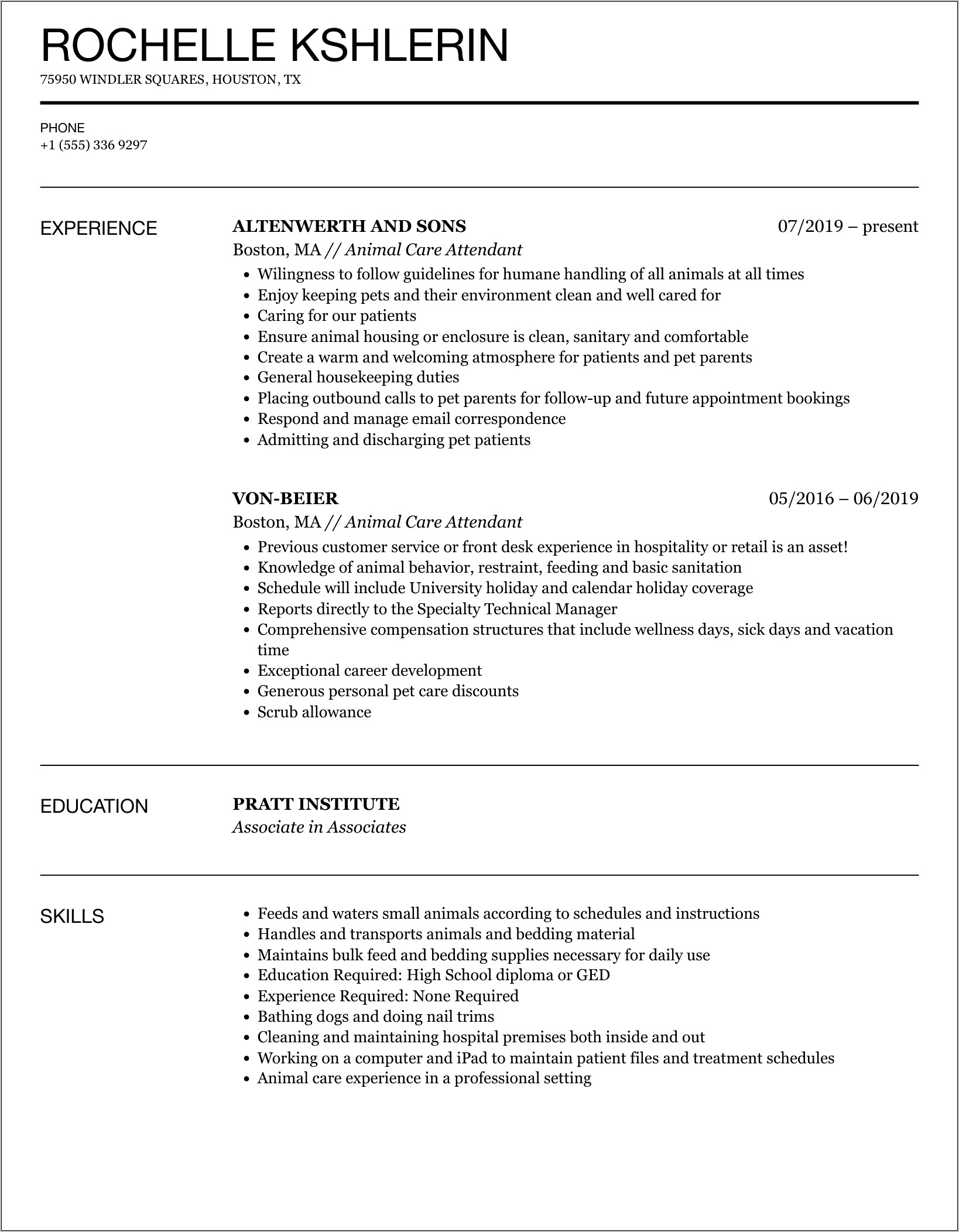 Animal Care Attendant Resume Sample