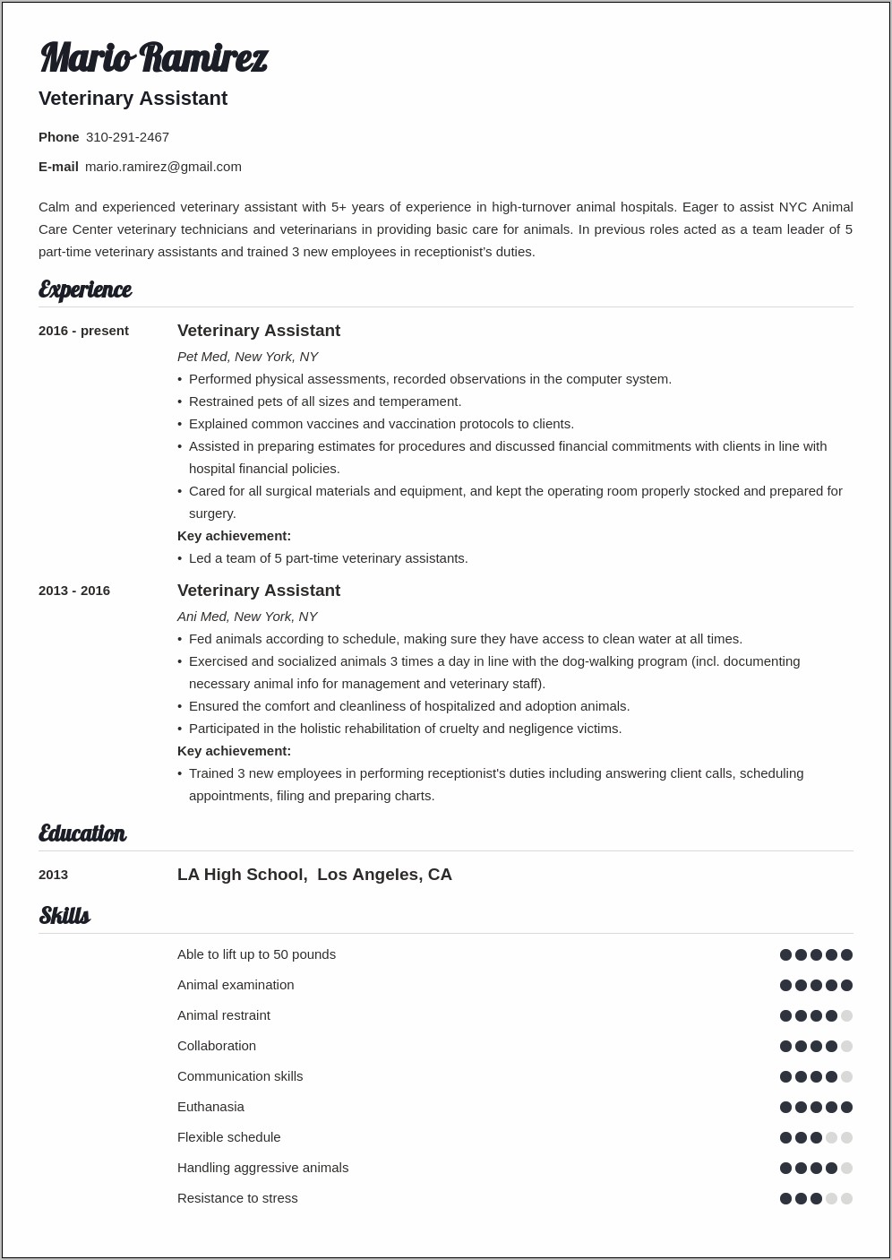 Animal Care Technician Resume Example