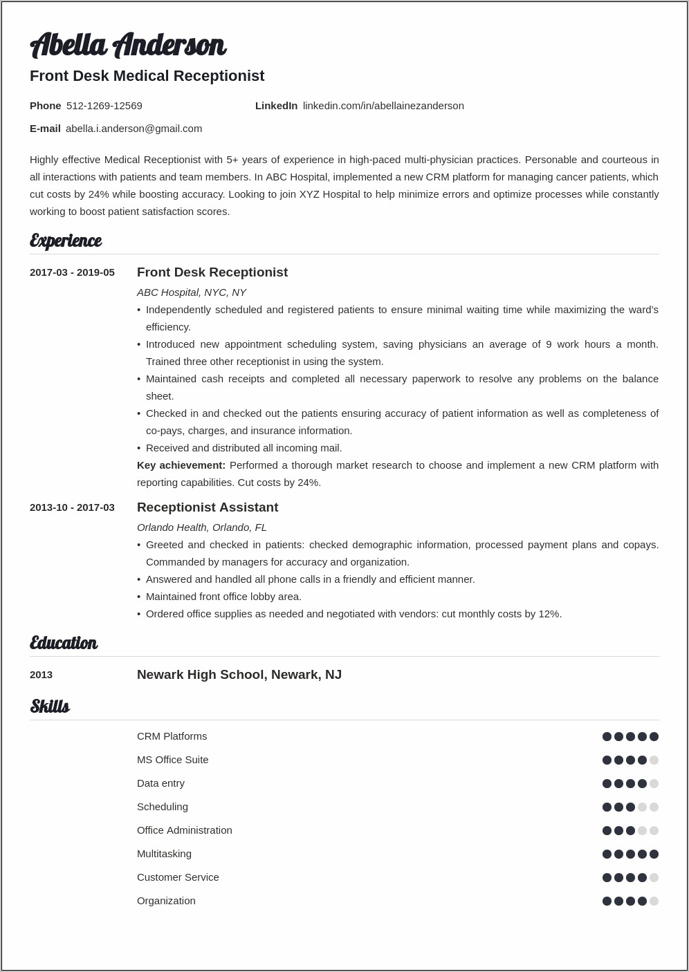 Animal Hospital Receptionist Resume Sample