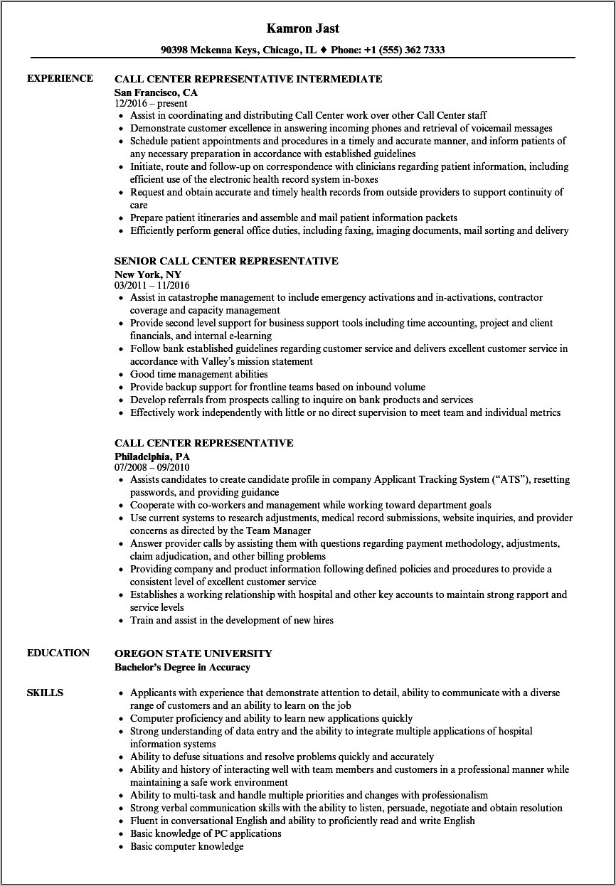 Answering Phone Calls Job Resume