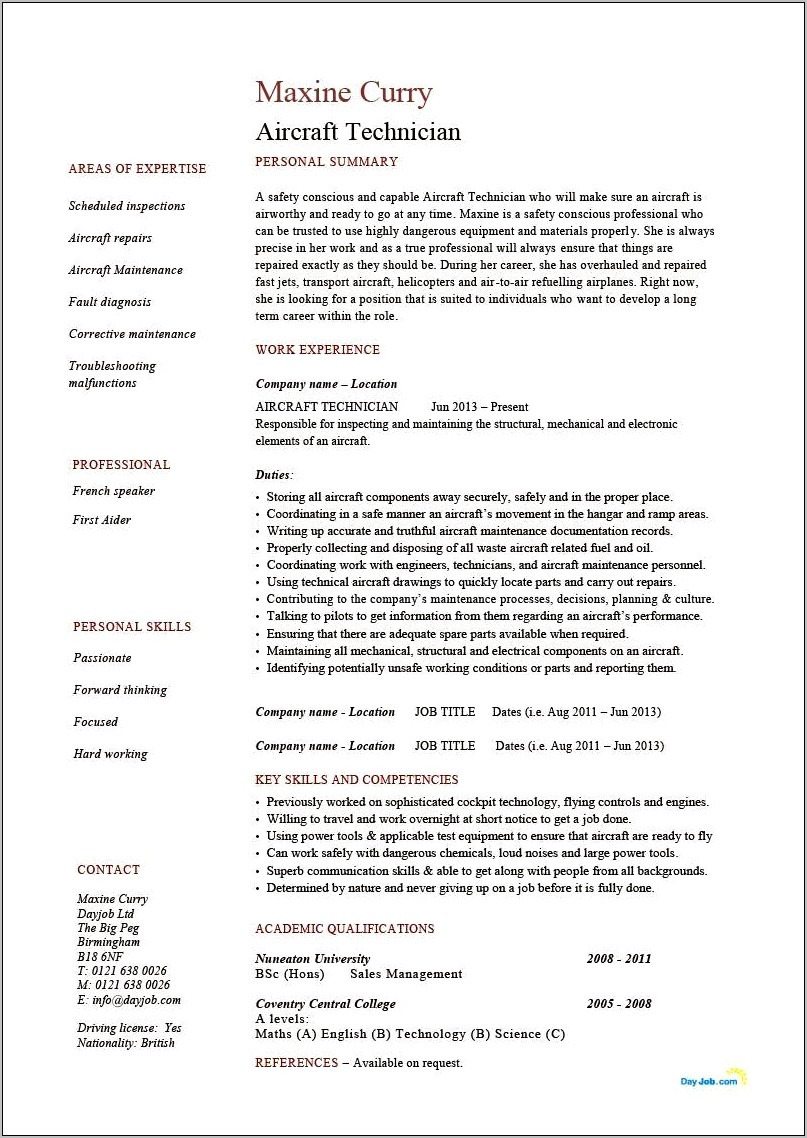 A&p Mechanic Resume Objective