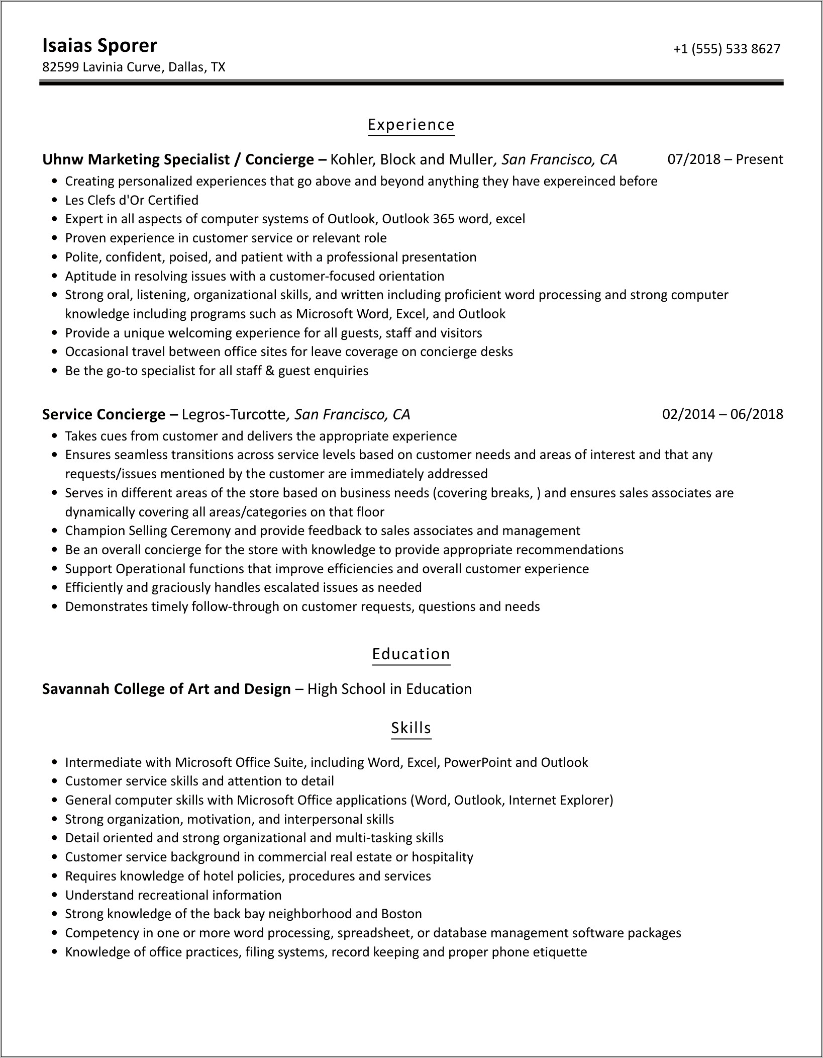 Apartment Concierge Job Description Resume