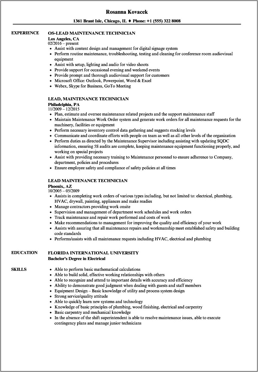 Apartment Maintenance Technician Job Resume