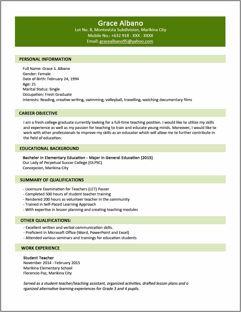 Applicant Resume Sample Filipino Simple