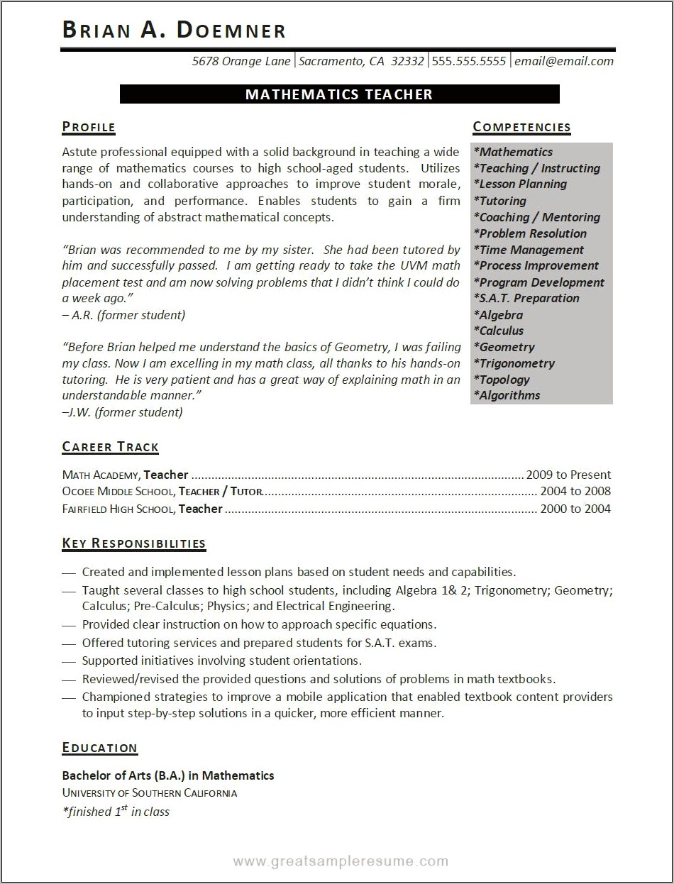 Applicant Resume Sample For Teacher