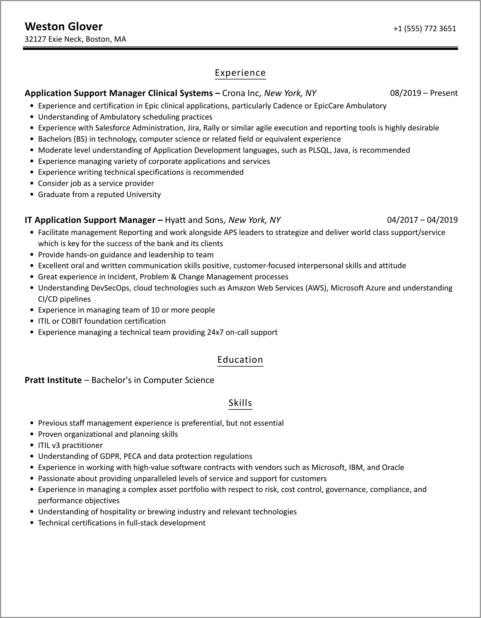 Application Support Manager Resume Sample