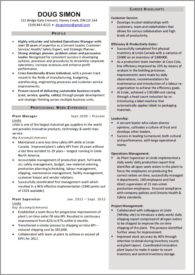 Apply For Plant Manager Resumes