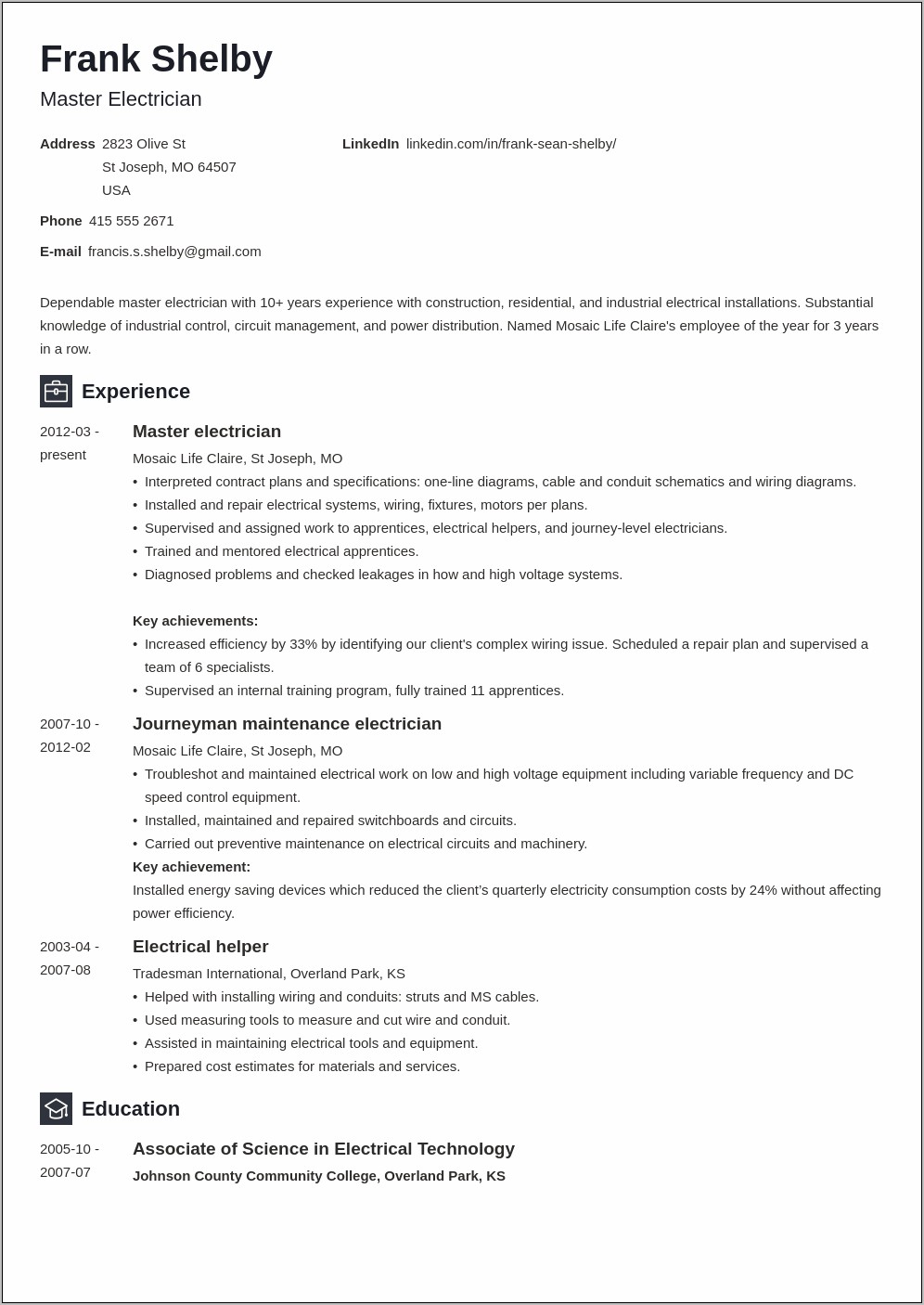 Apprentice Electrician Resume Objective Examples