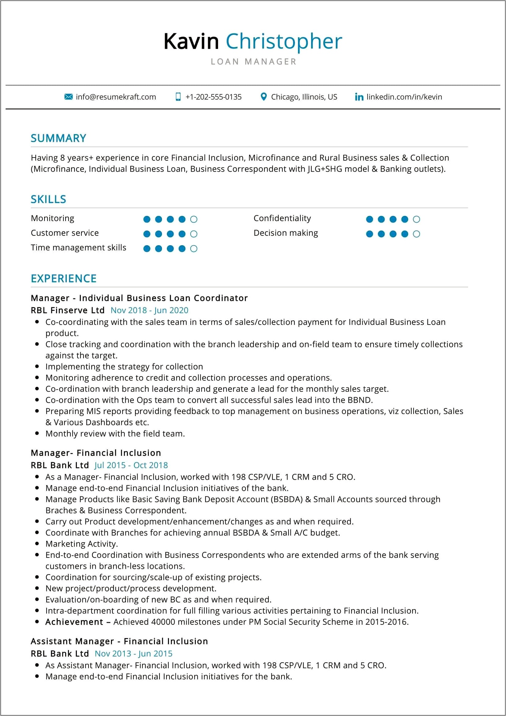 Area Collection Manager Resume Sample