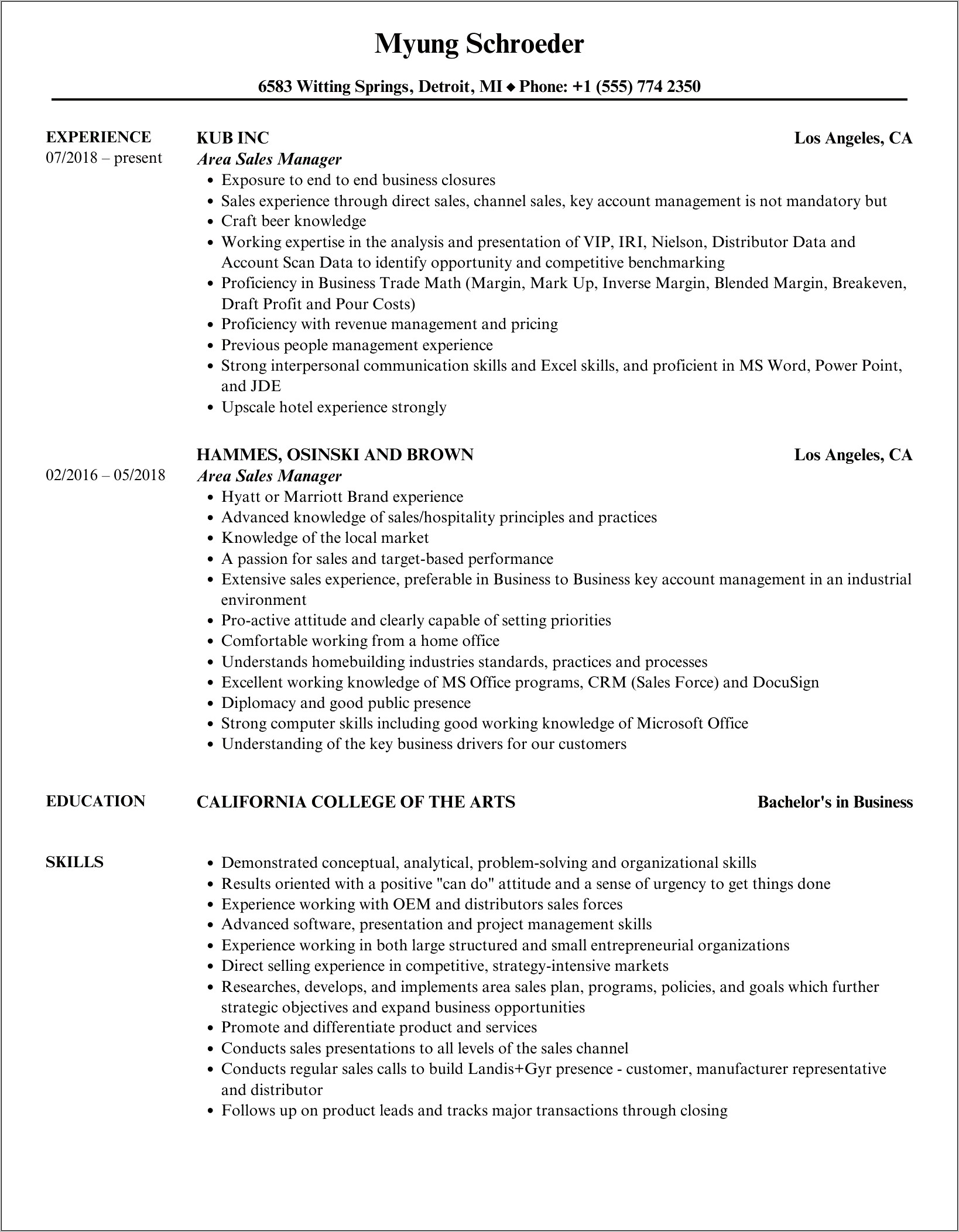 Area Sales Manager Resume Doc