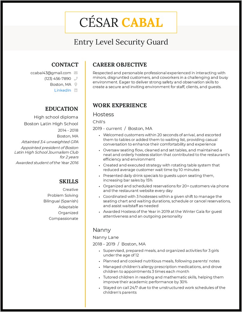 Armed Security Guard Resume Skills