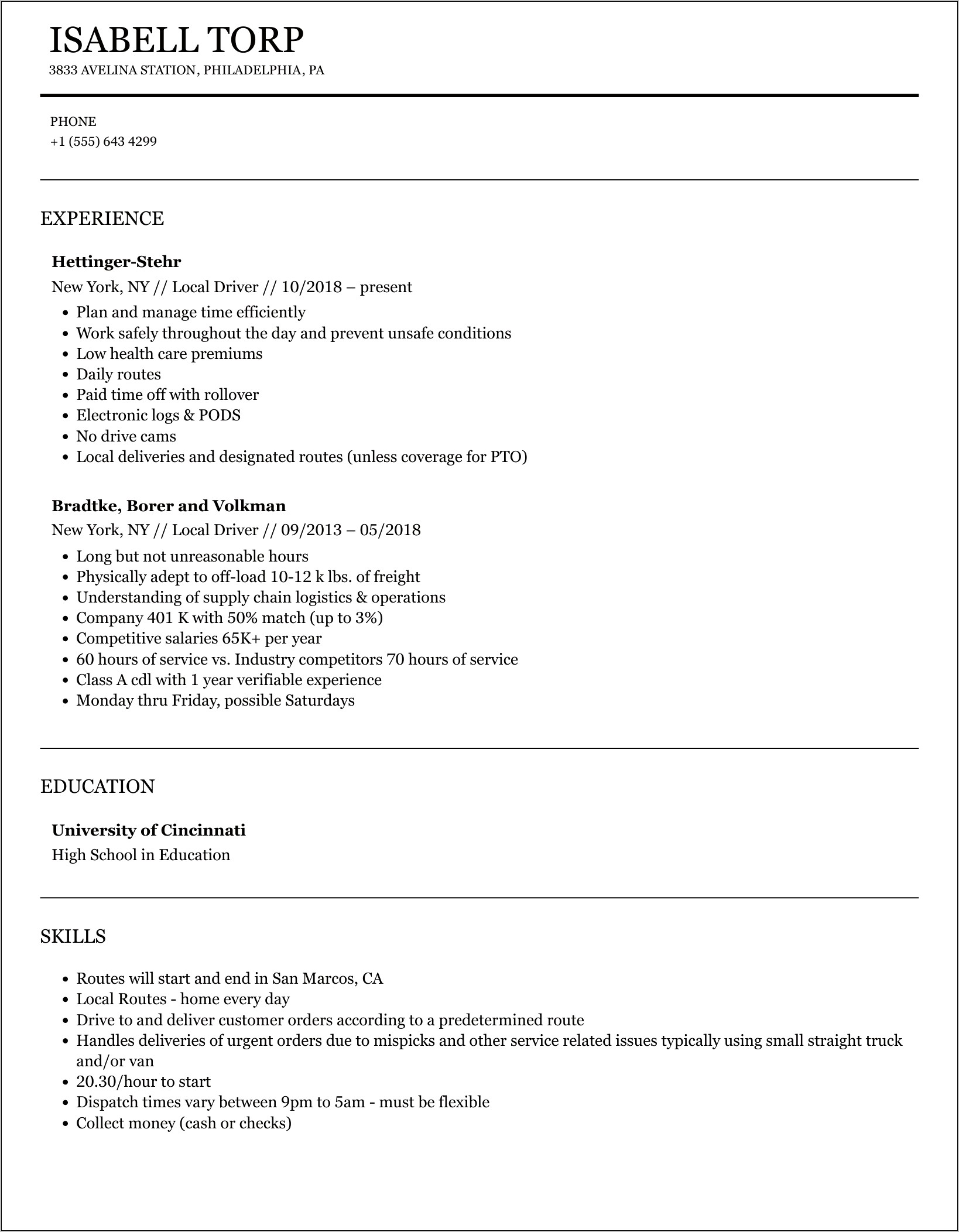 Armored Truck Delivery Resume Sample