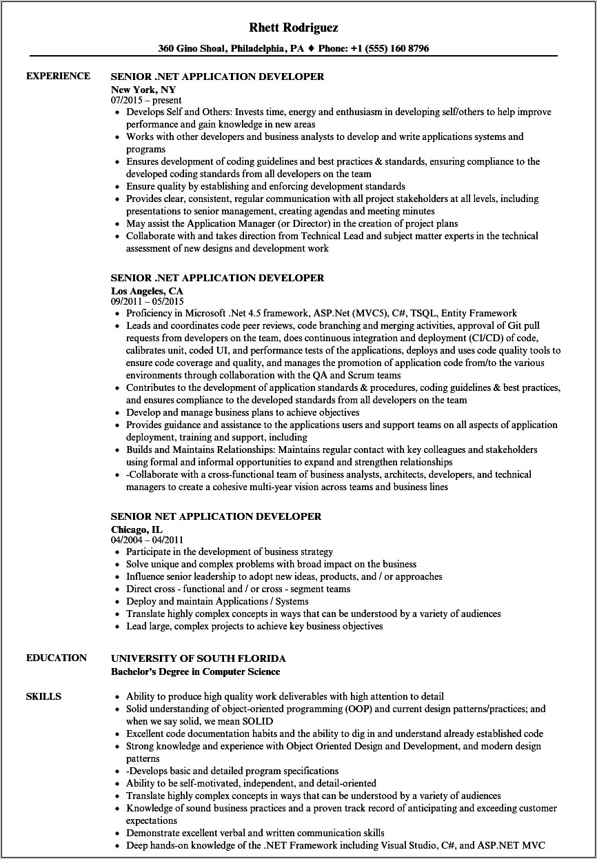 Asp Net Developer Sample Resume