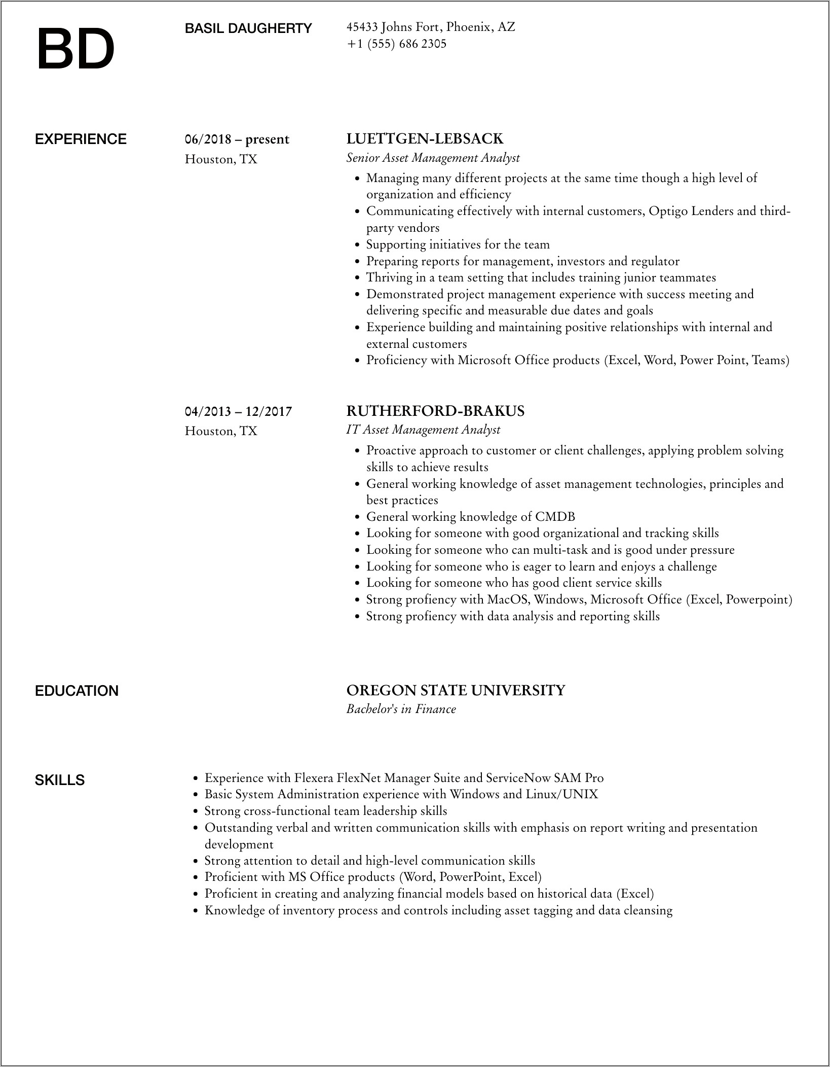 Asset Management Business Analyst Resume